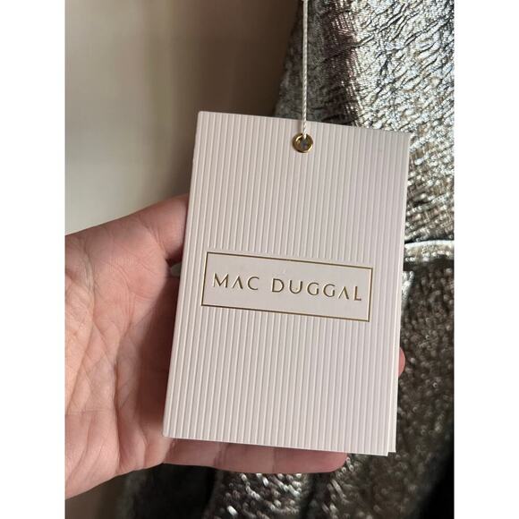 Mac Duggal One Shoulder Bow Midi Metallic Fit & Flare Dress Silver Womens 10 NWT - Picture 6 of 11